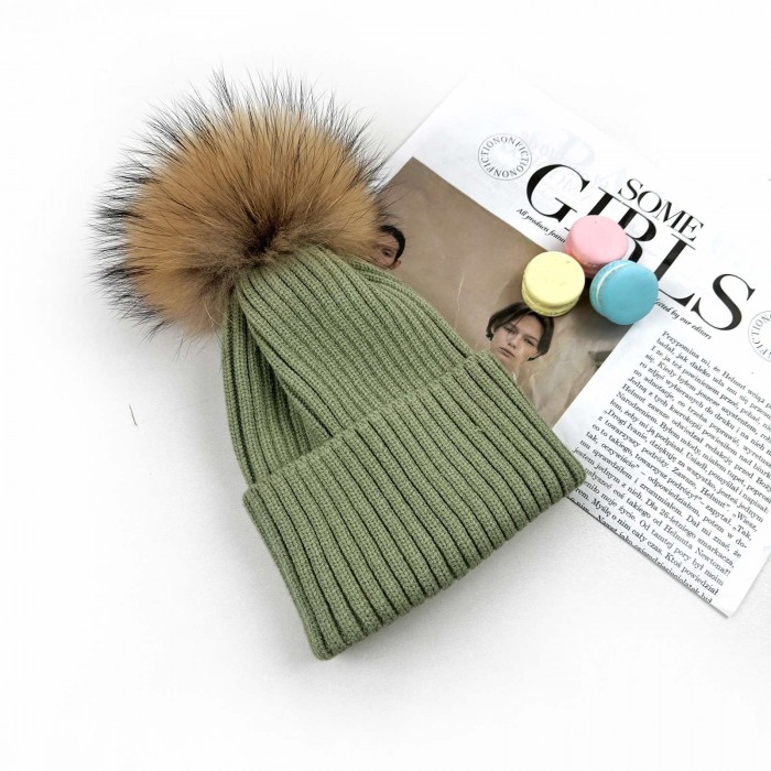 Шапка в'язка Бубон єнот оливкова Шапка в'язка Бубон єнот оливкова