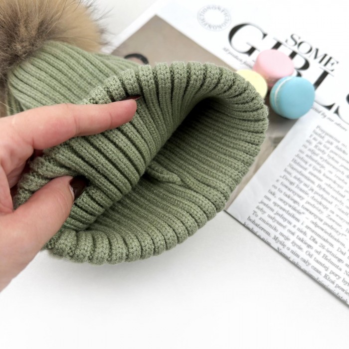 Шапка в'язка Бубон єнот оливкова Шапка в'язка Бубон єнот оливкова