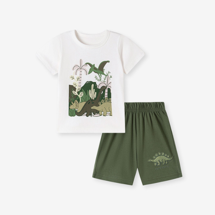 Комплект футболки та шорти Динозаври біло-оливковий
